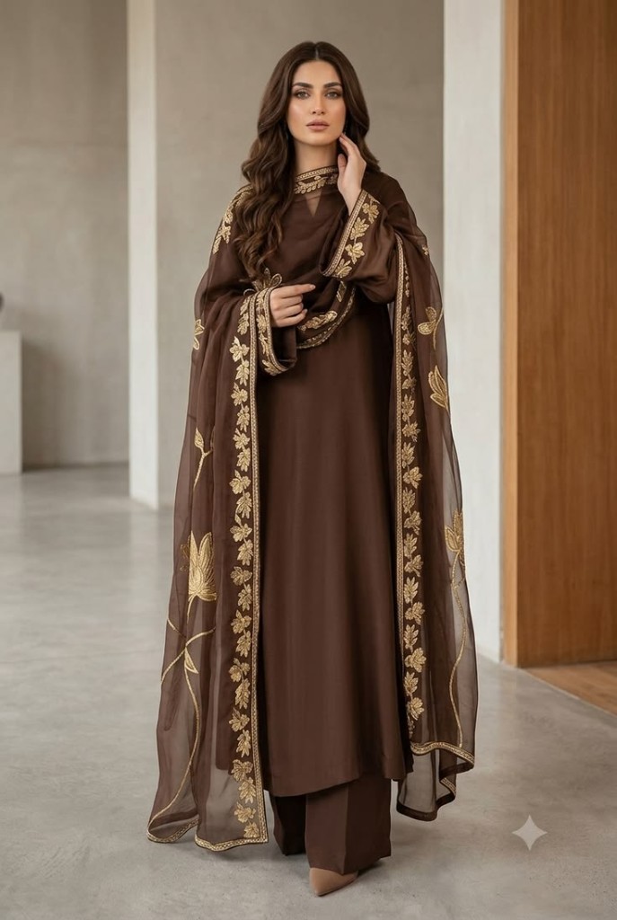 Chocolate brown embroidered lawn suit